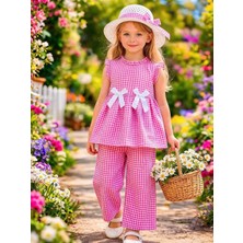 Kız Çocuk Şapkalı Ikili Takım Pembe Pötikare 4-9 Yaş Yazlık Takım