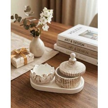 Decor Shops Eskitme Altın Detaylı Lotus ve Çizgili Ikili Dekoratif Set (Tepsili), Dekoratif Saklama Kabı