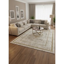 Çapan Armoni H7252A Beyaz Gold Madalyon Eskitme Salon Halısı 160X230 — Altın Bordür Flosh Saçaklı