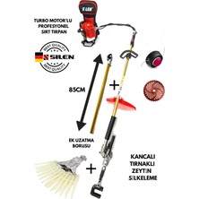 Silen Turbo Motorlu Benzinli Sırt Tırpan + Tırnaklı + Kancalı Zeytin & Badem Silkeleme Hasat + Ek Uzatma Aparatı 6,8 Hp