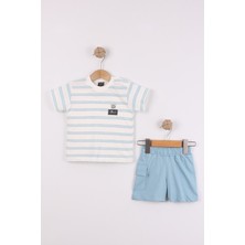 Joy Kids Erkek Bebek Çizgili Penye Basic Takım (9-24AY) (Beyaz-Turkuaz)