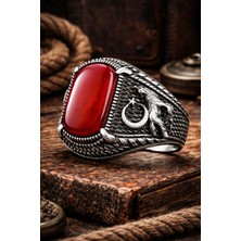 Siset Gümüş 925 Ayar Akik Taşlı  Bozkurt ve  Üç  Hilal  Figürlü Pençe  Erkek Gümüş  Yüzük