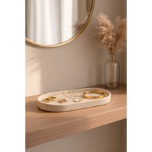 Dekoratif Bej Oval Takı - Aksesuar Tabağı + Sunum Tepsisi + Tütsülük + Mumluk