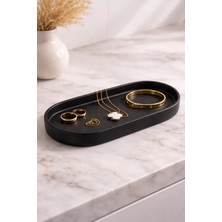 Dekoratif Metalik Siyah Oval Takı - Aksesuar Tabağı + Sunum Tepsisi + Tütsülük + Mumluk