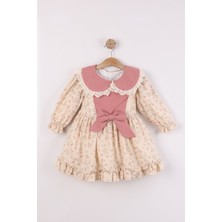 Joy Kids Kız Çocuk Kurdele Aksesuarlı Astarlı Keten Karışımlı Lüx Elbise (2-4yaş) (Ekru-Pembe)
