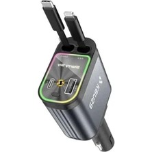 Esranın Dünyası 4’ü 1 Arada 100W Araç Şarj Cihazı Adaptörü Type-C + Lightning Usb-C & Usb-A LED Atmosfer Işığı Makaralı Kablo Cr-75