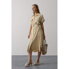 Infivento Kuşaklı Cep Detaylı Yarım Kol Elbise - Ekru