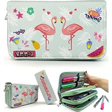 Esranın Dünyası Üç Bölmeli Vegan Deri Kalem Kutusu, Flamingo Desenli