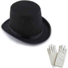 Akinco Siyah Sihirbaz Fötr Şapka 15 cm - 1 Çift Beyaz Sihirbaz Eldiveni - Yetişkin Boy