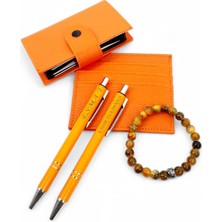 SürLaz Turuncu Deri Akordiyon Kartlık Turuncu Kartlık Isme Özel Turuncu Kalem  Şans Bilekliği Hediyelik Set