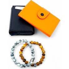 SürLaz Turuncu Vegan Deri Akordiyon Kartlık Siyah Mekanizmalı Kartlık Şans Bilekliği Hediyelik Çift Seti