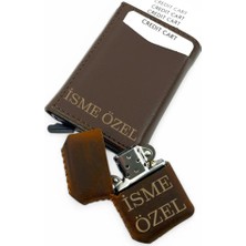 SürLaz Kişiye Özel Mekanizmalı Kartlık Isme Özel Deri Kılıflı Benzinli Çakmak Hediyelik Set