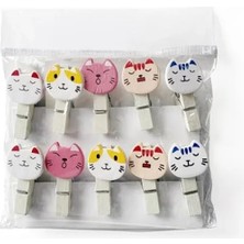 Esranın Dünyası Sevimli Kedi Tasarımlı Ahşap Notluk Mandal Seti - 10 Adet