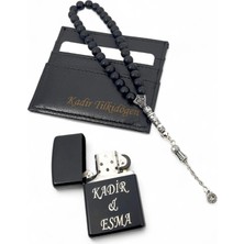 SürLaz Şık Tasarımlı Kişiye Özel 3'lü Set Metal Benzinli Çakmak Tesbih Siyah Kartlık