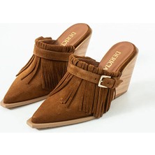 Dericia Shoes Luxe Kadın Hakiki Deri Süet Püskül Detaylı Kovboy Topuklu Terlik