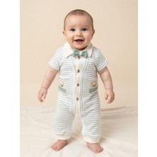 iQBaby Papyonlu Çizgili %100 Pamuklu Erkek Bebek Tulum Ayıcıklı Cepli Kısa Kollu Yazlık Kombin