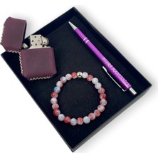 SürLaz Isme Özel El Yapımı Deri Kılıflı Benzinli Çakmak ve Tükenmez Kalem Doğal Taş Yılbaşı Hediyesi Kutulu