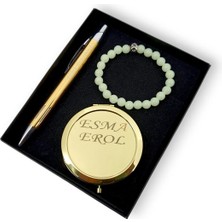 SürLaz 3 Parça Doğum Günü Hediyesi Isme Özel Gold Ayna Gold Kalem ve Kedi Gözü Bileklik