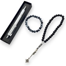 SürLaz Isim Yazılabilir Tükenmez Kalem Özel Kutusunda Siyah Tesbih ve Bileklik Eko Set