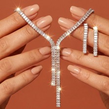 Valmont Accessories 39 cm Zirkon Taşlı Y Model Şık Işıltılı Tasarım Düğün, Kına, Nişan Gelin Takı Seti