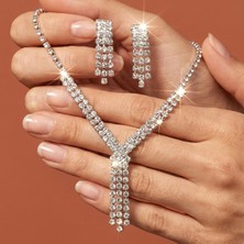 Valmont Accessories 39+4 cm Ayarlanabilir Kristal Taşlı Şık Y Model Düğün, Kına, Nişan Gelin Takı Seti