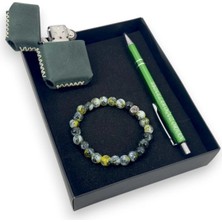 SürLaz Isme Özel El Yapımı Deri Kılıflı Benzinli Çakmak ve Tükenmez Kalem Doğal Taş Yılbaşı Hediyesi Kutulu