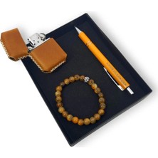 SürLaz Isme Özel El Yapımı Deri Kılıflı Benzinli Çakmak ve Tükenmez Kalem Doğal Taş Yılbaşı Hediyesi Kutulu