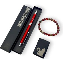 SürLaz 3 Parça Hediye Hobi Seti Kedi Desenli Çakmak Kedi Desenli Tükenmez Kalem ve Bileklik