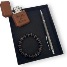 SürLaz Isme Özel El Yapımı Deri Kılıflı Benzinli Çakmak ve Tükenmez Kalem Doğal Taş Yılbaşı Hediyesi Kutulu