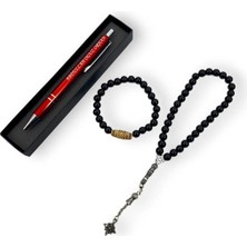 SürLaz Isim Yazılabilir Tükenmez Kalem Özel Kutusunda Siyah Tesbih ve Bileklik Eko Set