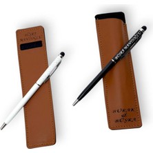 SürLaz Öğretmenler Günü Hediyesi Isme Özel El Yapımı 2'li Deri Kılıflı Slim Touch Pen Kalem Seti