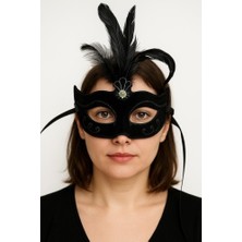 Akinco Siyah Renk Tüylü Siyah Süet Kaplama Parti Balo Maskesi 20X16 cm