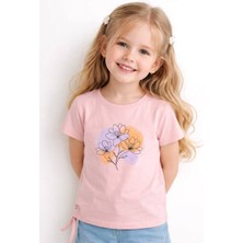 Noone Kız Çocuk Suluboya Çiçek Baskılı Yan Bağlamalı T-Shirt | 6 Renk Seçeneği