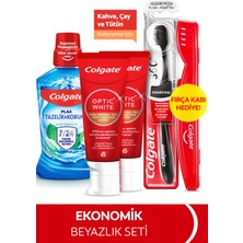 Colgate Optic White Kahve, Çay Kullananlar 50Ml 2'Li Diş Macunu, Orta Diş Fırçası, Ağız Bakım Suyu 250Ml+Fırça Kabı