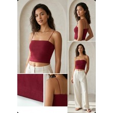 Hn. Giyim Kadın Kare Yaka Ip Askılı Fitilli Örme Crop Büstiyer Basic Bluz 2'li Paket (Bordo-Hardal Sarısı)