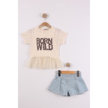 Joy Kids Kız Çocuk Taşlı Leopar Detaylı 3'lü Takım (Ekru-Mavi) (2-5yaş)