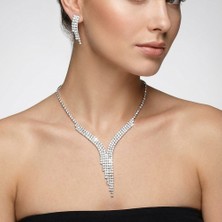 Valmont Accessories Taşlı Şık V Su Yolu Kolye ve Küpe Takı Seti - Düğün, Kına, Nişan, Gelin Aksesuarı