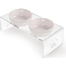 Esranın Dünyası Modern Tasarımlı Pleksi Mama Kabı (Beyaz Seramik, Şeffaf Pleksi)