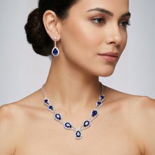 Valmont Accessories Hürrem Model Mavi Taşlı Kolye Küpe Takı Seti Gerdanlık - Gelin Düğün Nişan Abiye Set