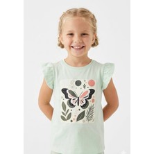 Noone Kız Çocuk Boho Kelebek Baskılı Fırfır Kollu T-Shirt | Bisiklet Yaka | 6 Renk