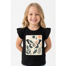 Noone Kız Çocuk Boho Kelebek Baskılı Fırfır Kollu T-Shirt | Bisiklet Yaka | 6 Renk