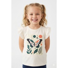 Noone Kız Çocuk Boho Kelebek Baskılı Fırfır Kollu T-Shirt | Bisiklet Yaka | 6 Renk