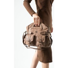 Baginn Yıkama Deri Kadın Elde Tutma Vegan-Suni Deri Çapraz Askılı Postacı Çanta 35*32 cm Kemer Detaylı