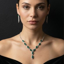 Valmont Accessories Yeşil Mekik Taşlı Su Yolu Kolye Küpe Takı Seti - Düğün, Kına, Nişan Gelin Takı Seti