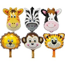 Bal10 Dünyası Safari Seti 6 Adet 14'' (35 cm) Hayvan Folyo Balon Zürafa Maymun Aslan Zebra İnek Kaplan