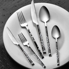 Nehir Tulıp Silver Siyah Mermer 36 Parça Çatal Bıçak Kaşık Takımı Paslanmaz Çelik 6 Kişilik