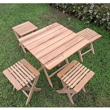 Nuvvo Katlanır Kamp Piknik Masası ve 4 Tabure Seti, Gürgen Ahşap, 56X55X55 cm Masa, 26X30X37 cm Tabure, Ahşap Renkli, Türkiye Menşeili
