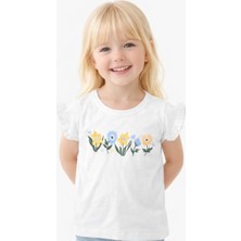 Noone Kız Çocuk Kır Çiçeği Baskılı Fırfır Kollu T-Shirt | Bisiklet Yaka | 6 Renk