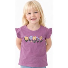 Noone Kız Çocuk Kır Çiçeği Baskılı Fırfır Kollu T-Shirt | Bisiklet Yaka | 6 Renk