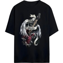 Von Labas Rock'ın Melek Kanatları: Gitar ve Melek Kanadı Baskılı Unisex Oversize T-Shirt